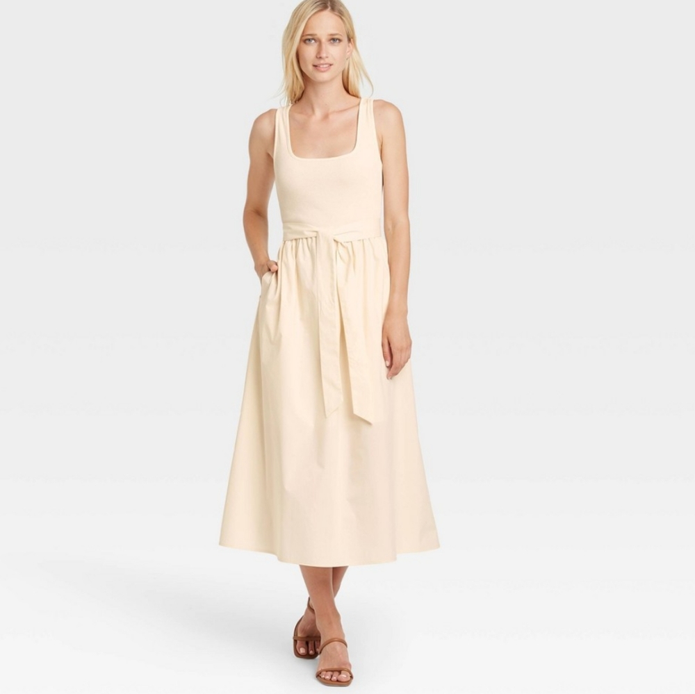 Who What Wear Sleeveless Belted Dress Cream Cotton Large New